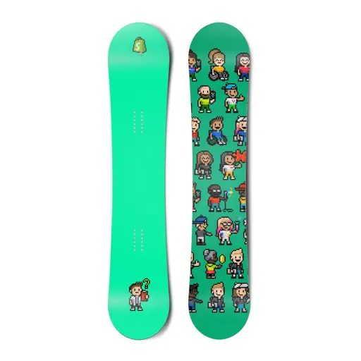 Operation Overlord The Multi-location Snowboard, green with pixelated figures graphic.