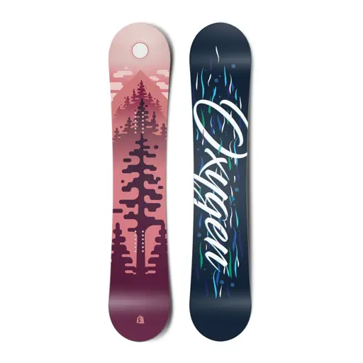 Operation Overlord The Collection Snowboard: Oxygen. Pink mountain and tree graphic on one side. Navy with "Oxygen" text and blue/green accents on the other.