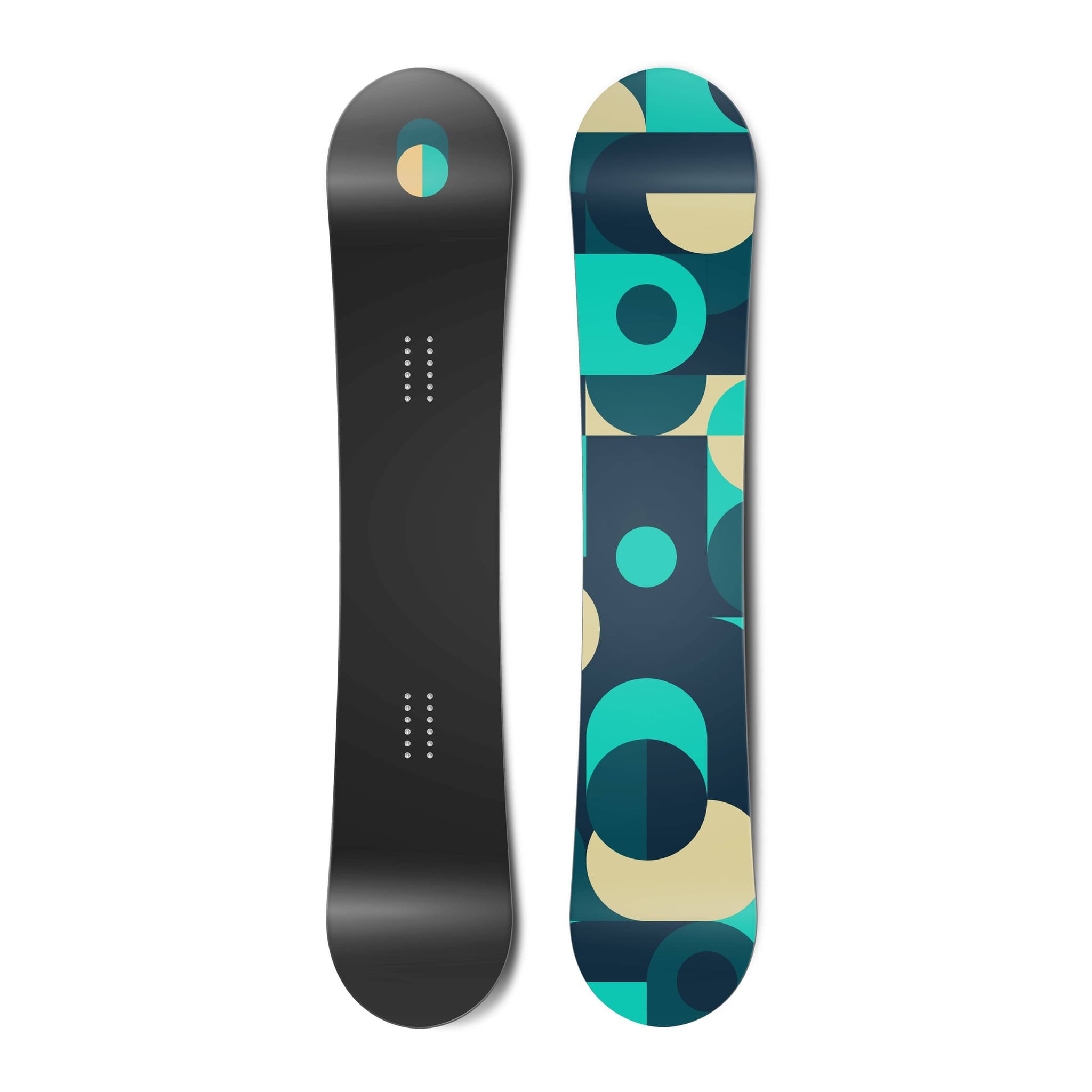 Operation Overlord "The Out of Stock" snowboard, black base with geometric pattern.
