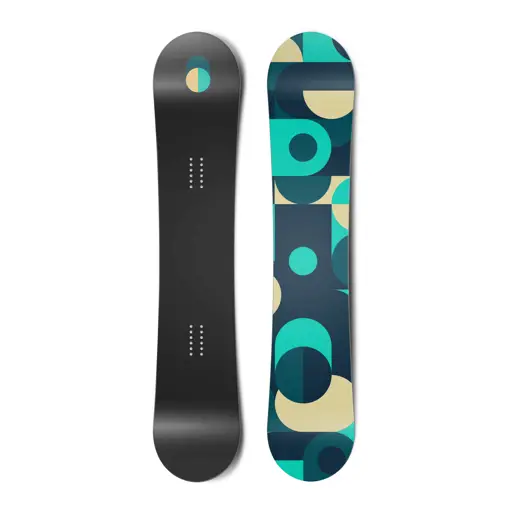 Operation Overlord "The Out of Stock" snowboard, black base with geometric pattern.
